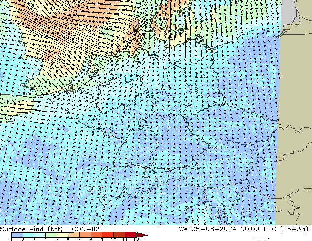  10 m (bft) ICON-D2  05.06.2024 00 UTC