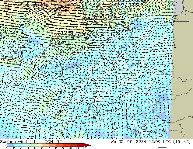 Surface wind (bft) ICON-D2 We 05.06.2024 15 UTC