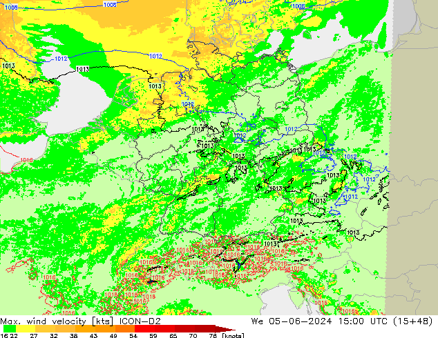 Max. wind velocity ICON-D2 We 05.06.2024 15 UTC