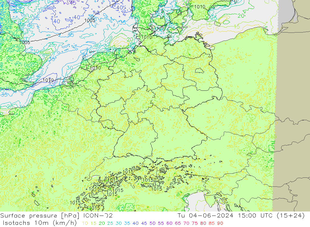 10米等风速线 (kph) ICON-D2 星期二 04.06.2024 15 UTC