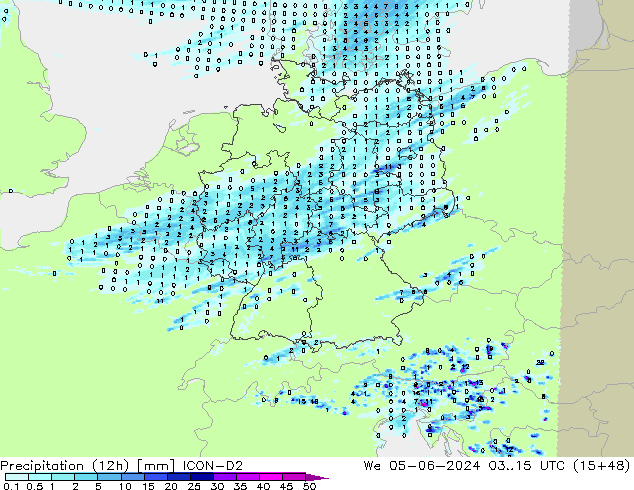 Precipitazione (12h) ICON-D2 mer 05.06.2024 15 UTC