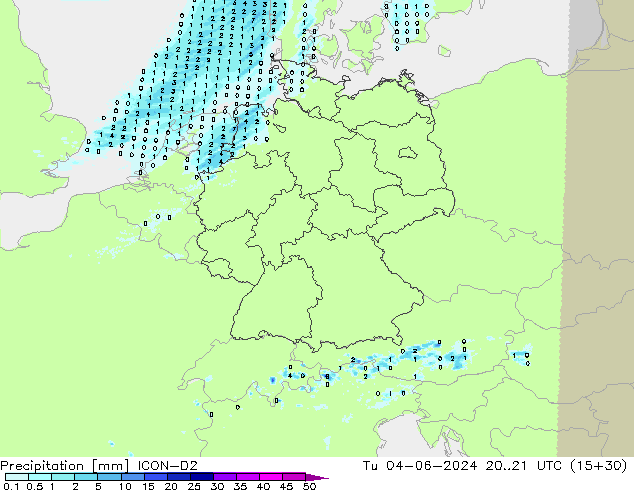 Precipitation ICON-D2 Tu 04.06.2024 21 UTC