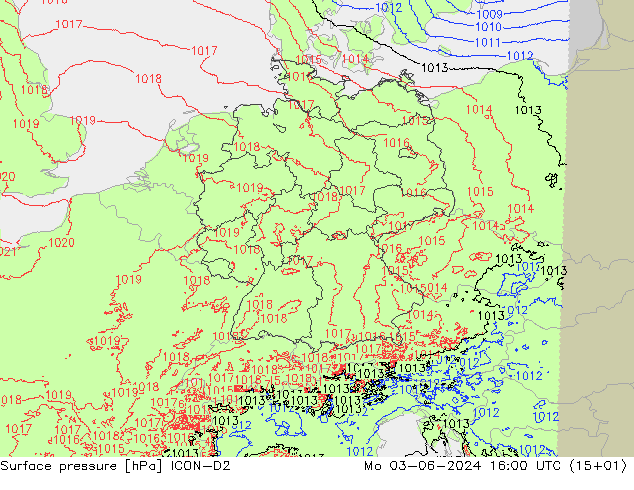 Surface pressure ICON-D2 Mo 03.06.2024 16 UTC