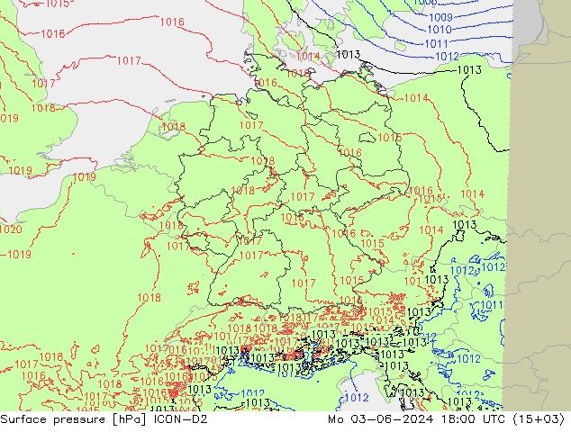 Atmosférický tlak ICON-D2 Po 03.06.2024 18 UTC
