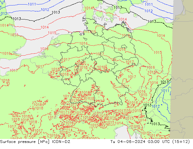 Surface pressure ICON-D2 Tu 04.06.2024 03 UTC