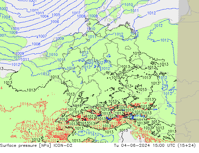 Atmosférický tlak ICON-D2 Út 04.06.2024 15 UTC