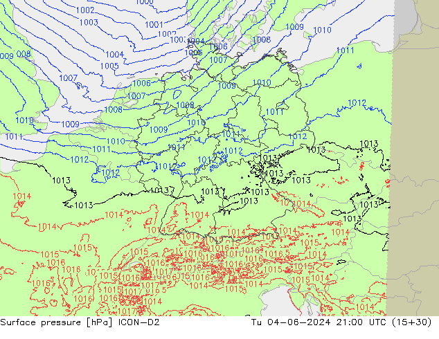 Surface pressure ICON-D2 Tu 04.06.2024 21 UTC