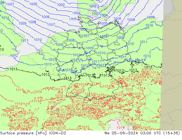 Atmosférický tlak ICON-D2 St 05.06.2024 03 UTC