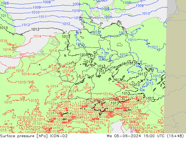 Presión superficial ICON-D2 mié 05.06.2024 15 UTC