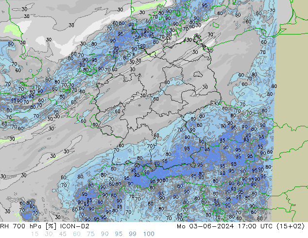 RH 700 hPa ICON-D2 pon. 03.06.2024 17 UTC
