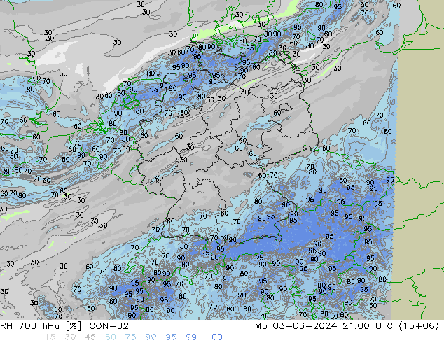 RH 700 hPa ICON-D2 pon. 03.06.2024 21 UTC