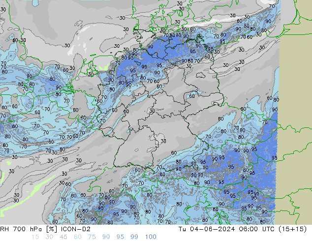 RH 700 hPa ICON-D2 Út 04.06.2024 06 UTC