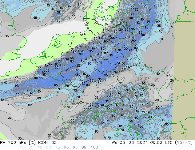 RH 700 hPa ICON-D2 śro. 05.06.2024 09 UTC