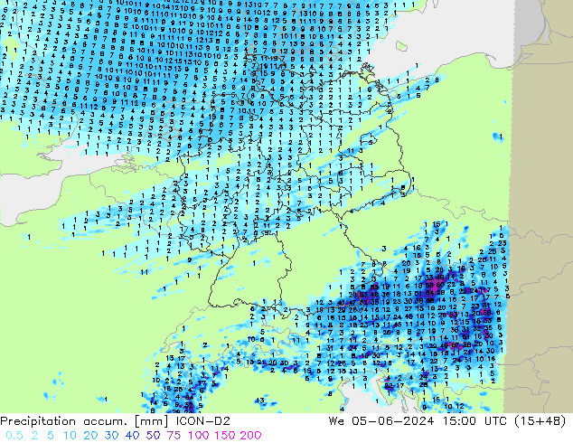 Precipitation accum. ICON-D2 We 05.06.2024 15 UTC