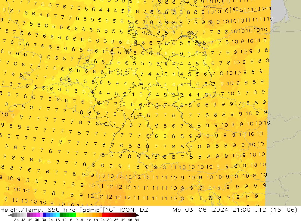 Height/Temp. 850 hPa ICON-D2 pon. 03.06.2024 21 UTC