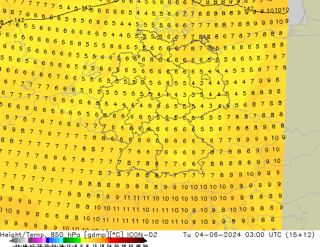 Yükseklik/Sıc. 850 hPa ICON-D2 Sa 04.06.2024 03 UTC