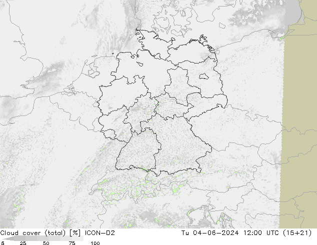 Cloud cover (total) ICON-D2 Tu 04.06.2024 12 UTC