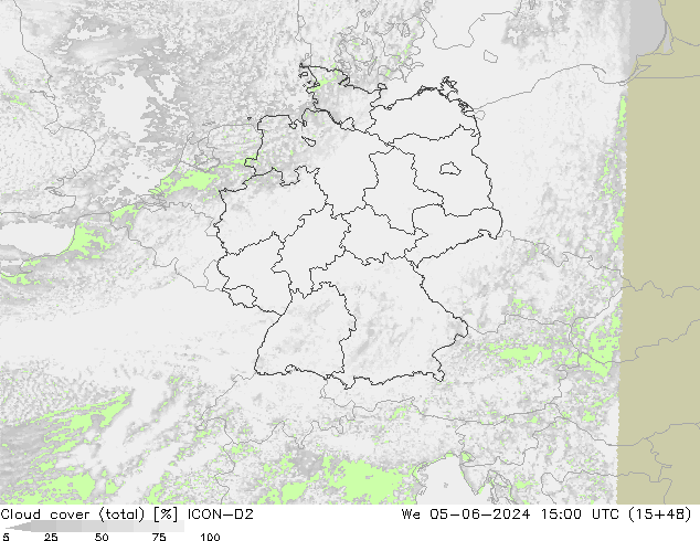 Nubes (total) ICON-D2 mié 05.06.2024 15 UTC