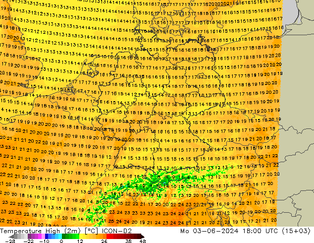 Nejvyšší teplota (2m) ICON-D2 Po 03.06.2024 18 UTC