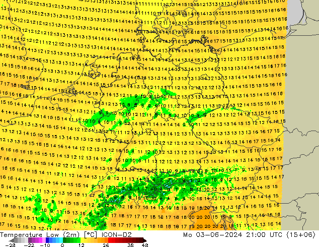 Temperatura mín. (2m) ICON-D2 lun 03.06.2024 21 UTC