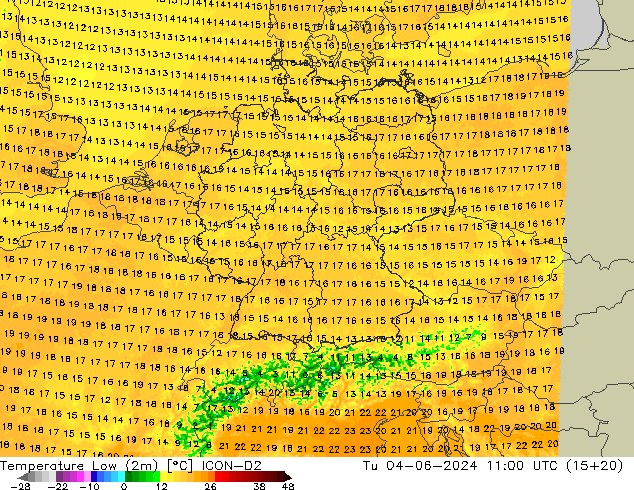 Tiefstwerte (2m) ICON-D2 Di 04.06.2024 11 UTC