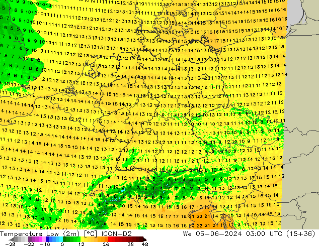 Min. Temperatura (2m) ICON-D2 śro. 05.06.2024 03 UTC