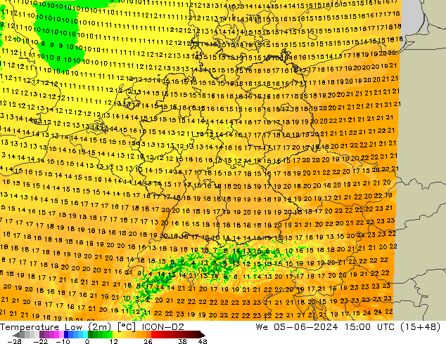 Temperatura mín. (2m) ICON-D2 mié 05.06.2024 15 UTC