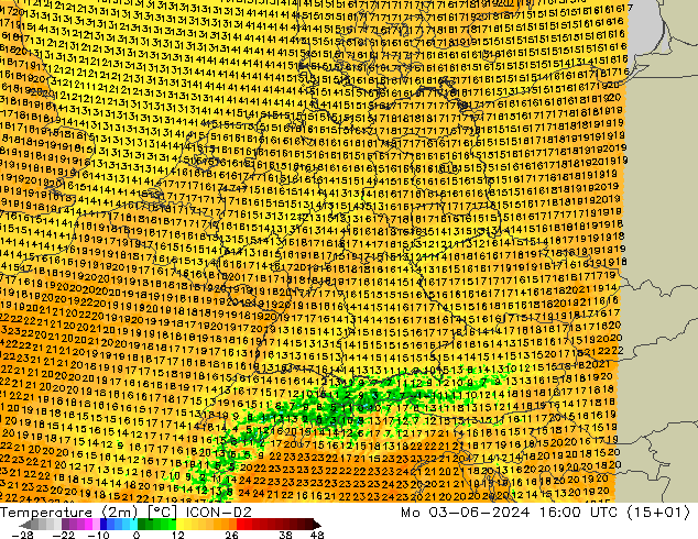 mapa temperatury (2m) ICON-D2 pon. 03.06.2024 16 UTC