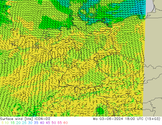Rüzgar 10 m ICON-D2 Pzt 03.06.2024 18 UTC