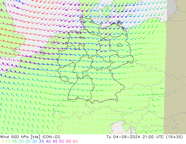ветер 500 гПа ICON-D2 вт 04.06.2024 21 UTC