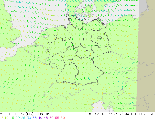 Vento 850 hPa ICON-D2 lun 03.06.2024 21 UTC