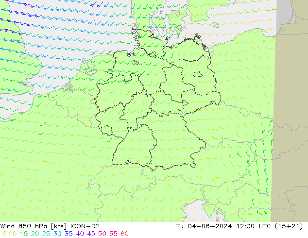 Wind 850 hPa ICON-D2 Út 04.06.2024 12 UTC