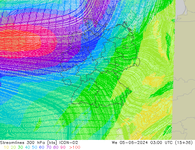 Rüzgar 300 hPa ICON-D2 Çar 05.06.2024 03 UTC