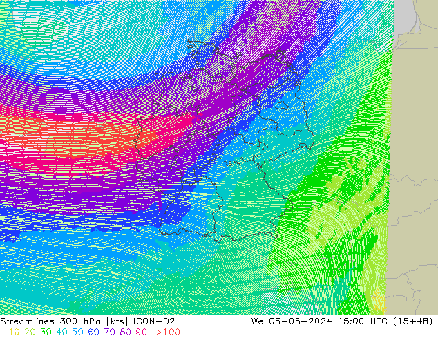 Linea di flusso 300 hPa ICON-D2 mer 05.06.2024 15 UTC