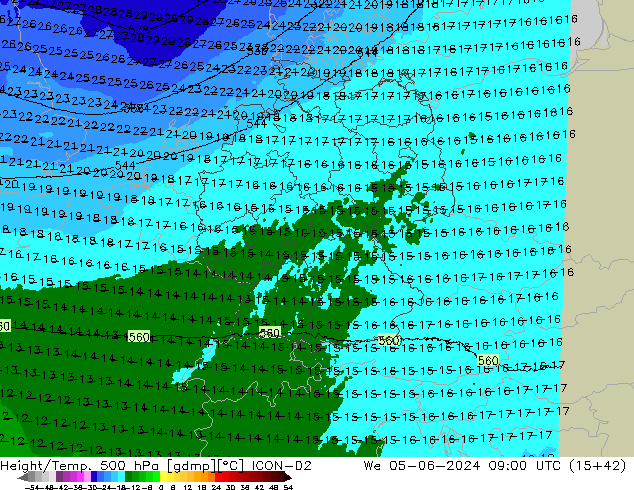 Height/Temp. 500 hPa ICON-D2 śro. 05.06.2024 09 UTC