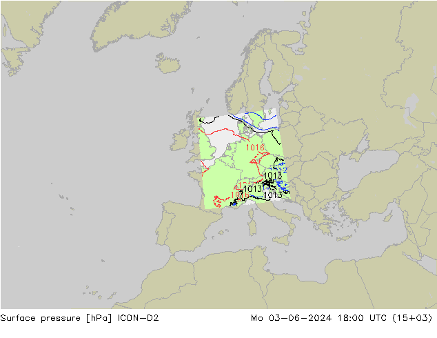 Atmosférický tlak ICON-D2 Po 03.06.2024 18 UTC