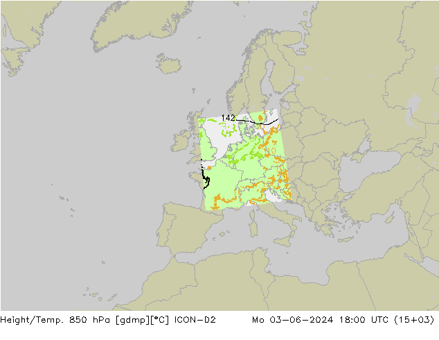 Height/Temp. 850 hPa ICON-D2 Mo 03.06.2024 18 UTC