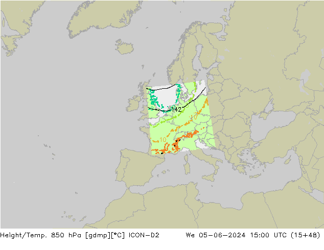 Height/Temp. 850 hPa ICON-D2 mer 05.06.2024 15 UTC