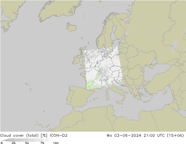 Nubes (total) ICON-D2 lun 03.06.2024 21 UTC