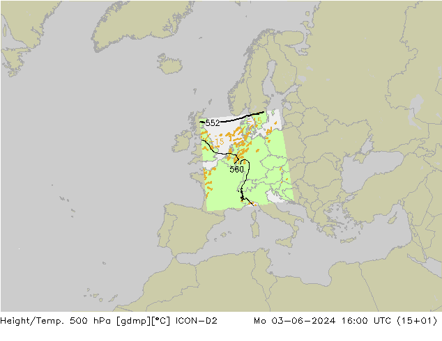 Height/Temp. 500 hPa ICON-D2 lun 03.06.2024 16 UTC