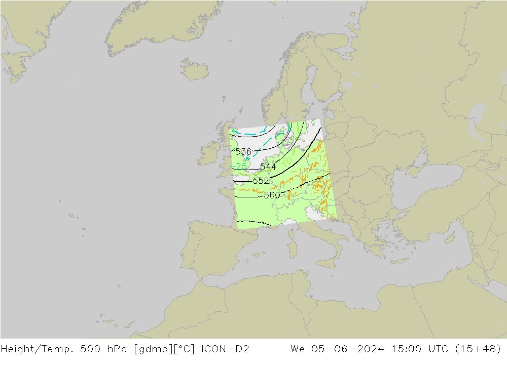 Height/Temp. 500 hPa ICON-D2 mer 05.06.2024 15 UTC