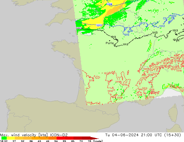 Windböen ICON-D2 Di 04.06.2024 21 UTC