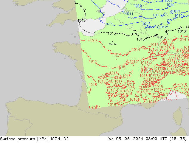 Presión superficial ICON-D2 mié 05.06.2024 03 UTC