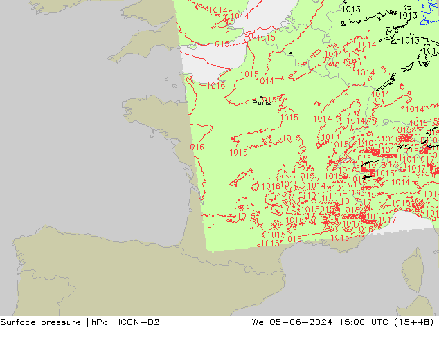 Presión superficial ICON-D2 mié 05.06.2024 15 UTC