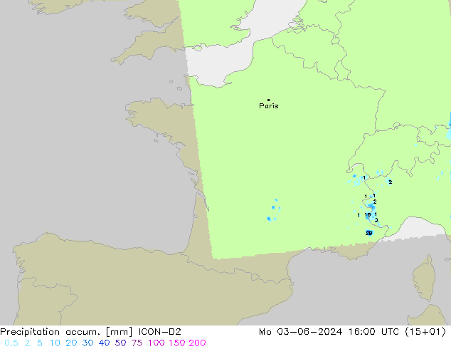 Precipitation accum. ICON-D2 Seg 03.06.2024 16 UTC