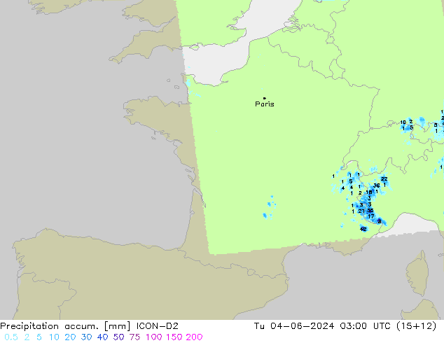 Precipitation accum. ICON-D2 Út 04.06.2024 03 UTC