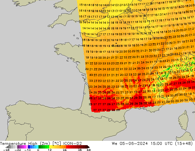 temperatura máx. (2m) ICON-D2 Qua 05.06.2024 15 UTC