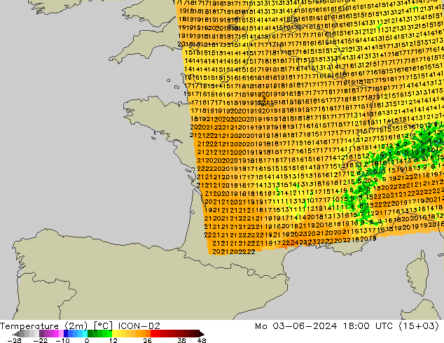 Temperatura (2m) ICON-D2 lun 03.06.2024 18 UTC