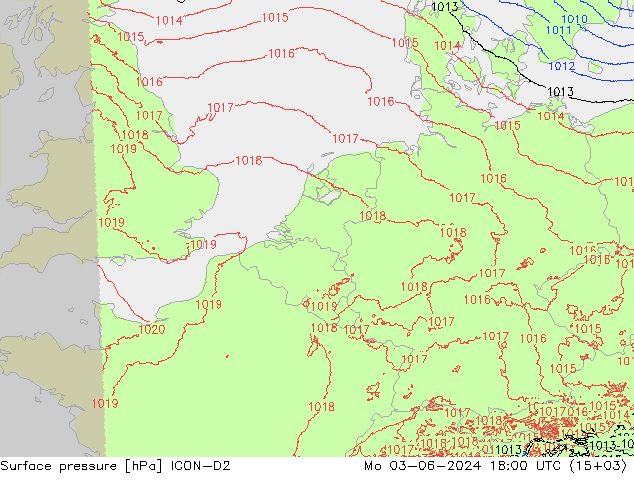 Presión superficial ICON-D2 lun 03.06.2024 18 UTC