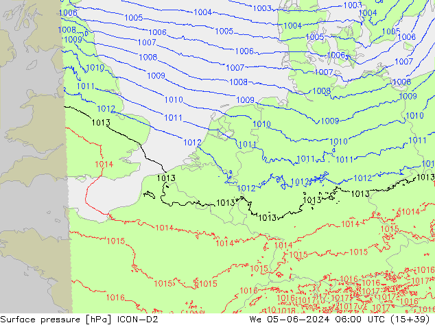 Surface pressure ICON-D2 We 05.06.2024 06 UTC